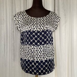 100% Silk Penny Black navy  polka dots on a silver/grey background top! Size 10